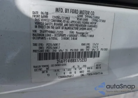 2008 Ford Crown Victoria Lx z USA, uszkodzony, nr VIN 2FAFP74V88X175233